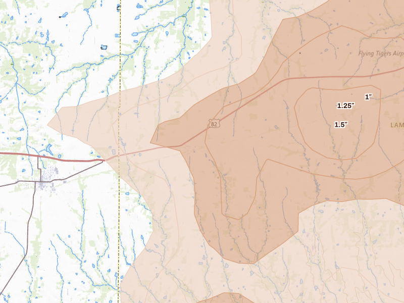Radar-estimated hail-size map of the storm over Petty, TX on Apr 24, 2026