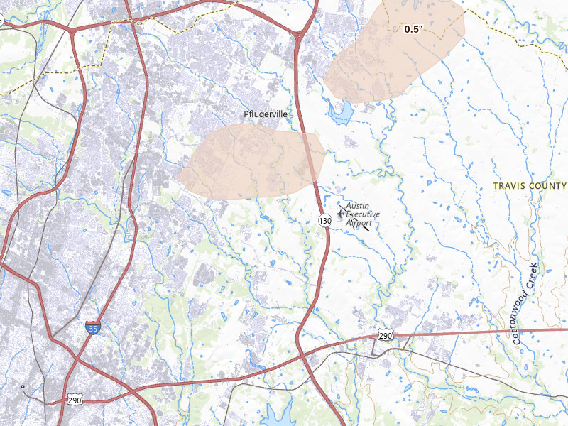 Radar-estimated hail-size map of the storm over Pflugerville, TX on May 9, 2026