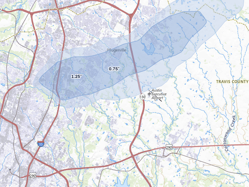NEXRAD radar-signature map of the hail over Pflugerville, TX