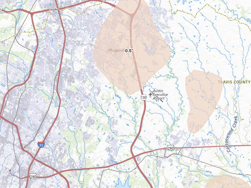 Radar-estimated hail-size map of the storm over Pflugerville, TX on May 10, 2026