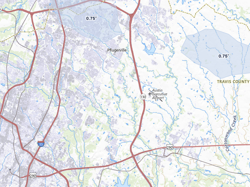 NEXRAD radar-signature map of the hail storm over Pflugerville, TX on May 10, 2026