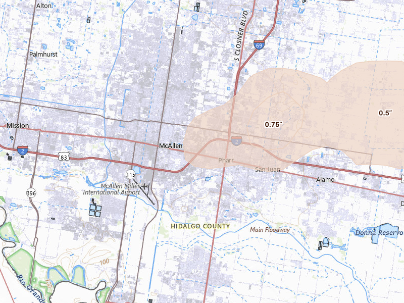 Radar-estimated hail-size map of the storm over Pharr, TX on May 9, 2026