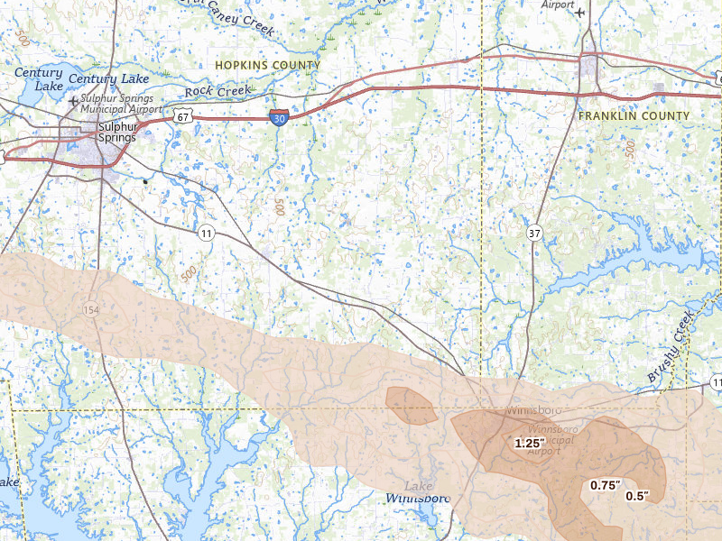 Radar-estimated hail-size map of the storm over Pickton, TX on Apr 29, 2026