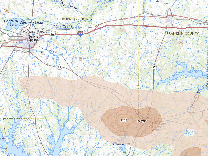 Radar-estimated hail-size map of the storm over Pickton, TX on May 8, 2026