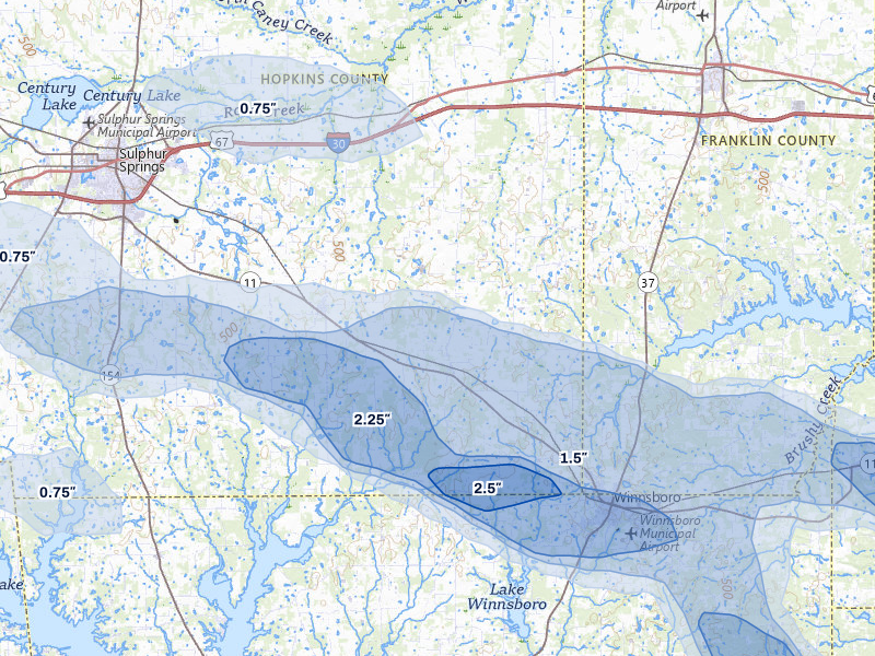 NEXRAD radar-signature map of the hail storm over Pickton, TX on May 8, 2026