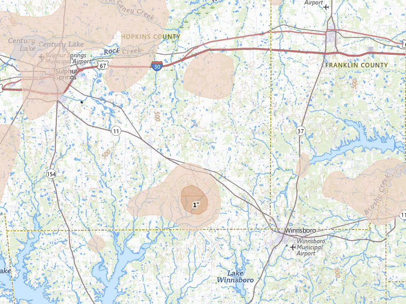 Radar-estimated hail-size map of the storm over Pickton, TX on May 22, 2026