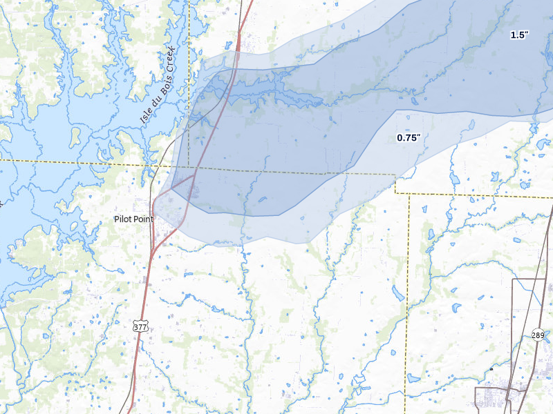 NEXRAD radar-signature map of the hail storm over Pilot Point, TX on Mar 4, 2026