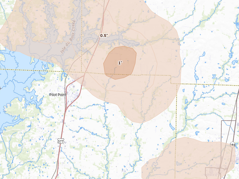 Radar-estimated hail-size map of the storm over Pilot Point, TX on May 9, 2026