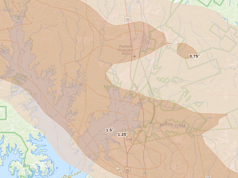 Radar-estimated hail-size map of the storm over Pineland, TX on Mar 15, 2026