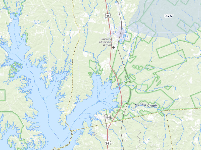 NEXRAD radar-signature map of the hail storm over Pineland, TX on Jul 5, 2026