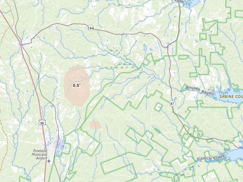 Radar-estimated hail-size map of the storm over Pineland, TX on Aug 21, 2026