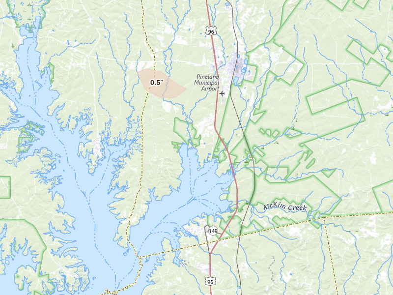 Radar-estimated hail-size map of the storm over Pineland, TX