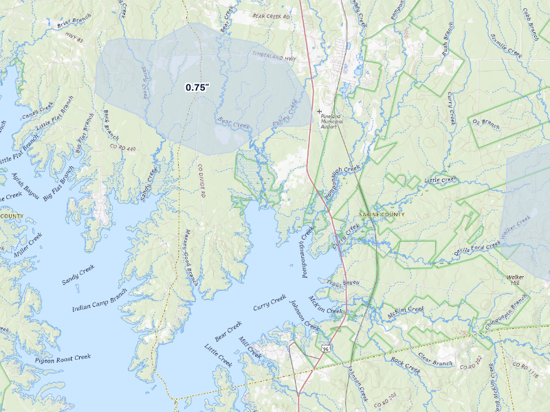 NEXRAD radar-signature map of the hail storm over Pineland, TX on Sep 8, 2026