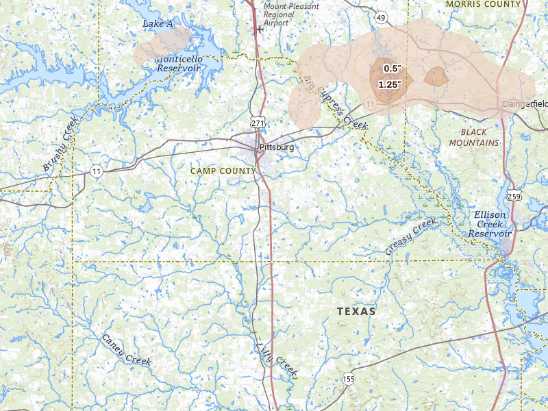 Radar-estimated hail-size map of the storm over Pittsburg, TX on Mar 15, 2026
