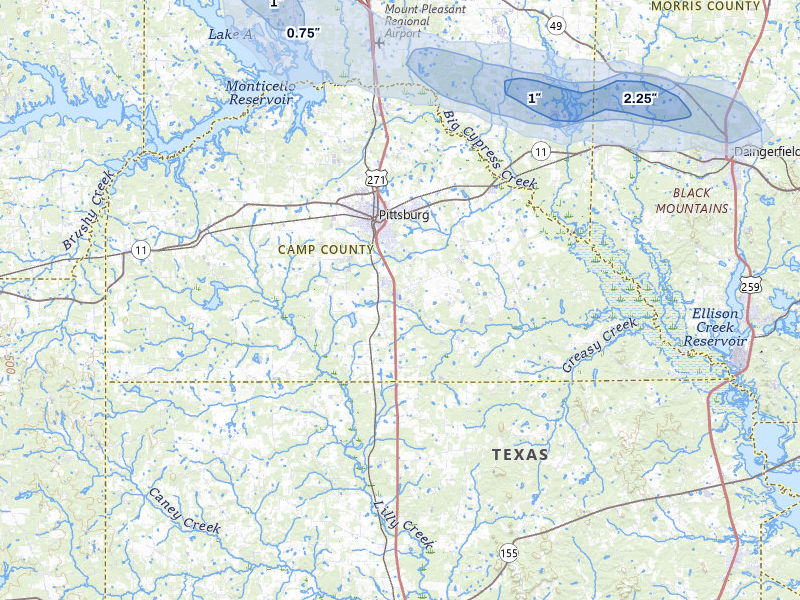 NEXRAD radar-signature map of the hail over Pittsburg, TX