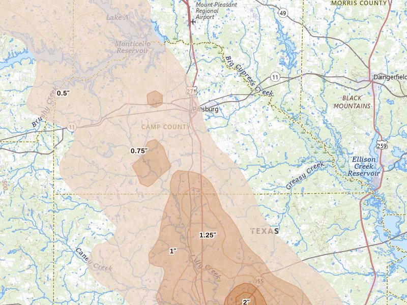 Radar-estimated hail-size map of the storm over Pittsburg, TX on Apr 24, 2026