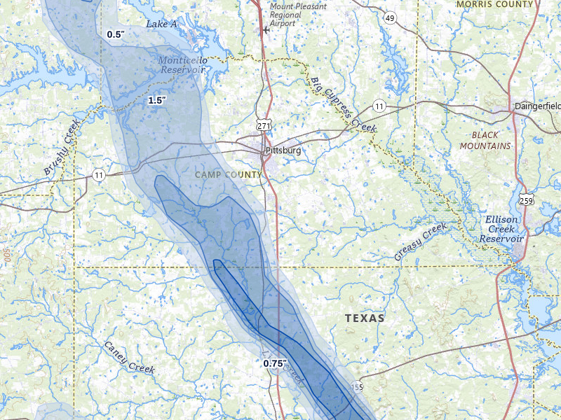 NEXRAD radar-signature map of the hail over Pittsburg, TX