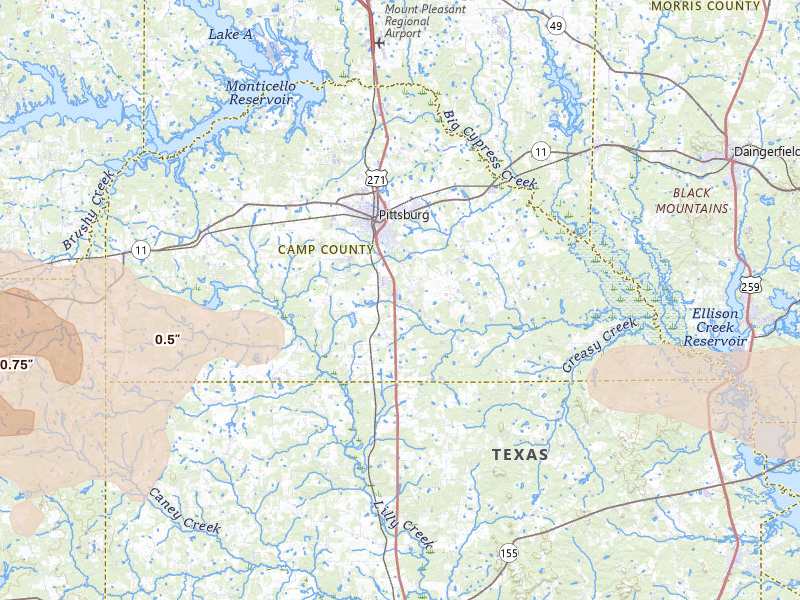 Radar-estimated hail-size map of the storm over Pittsburg, TX on Apr 29, 2026