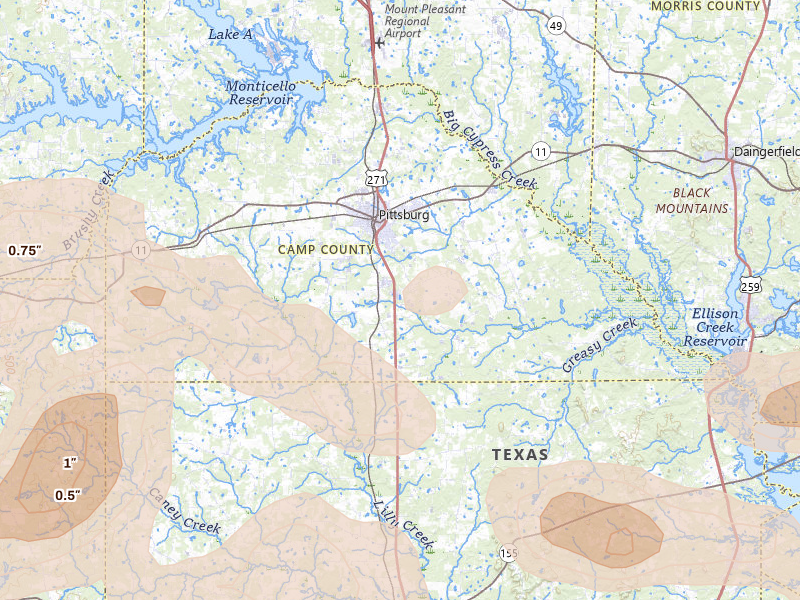 Radar-estimated hail-size map of the storm over Pittsburg, TX on May 8, 2026