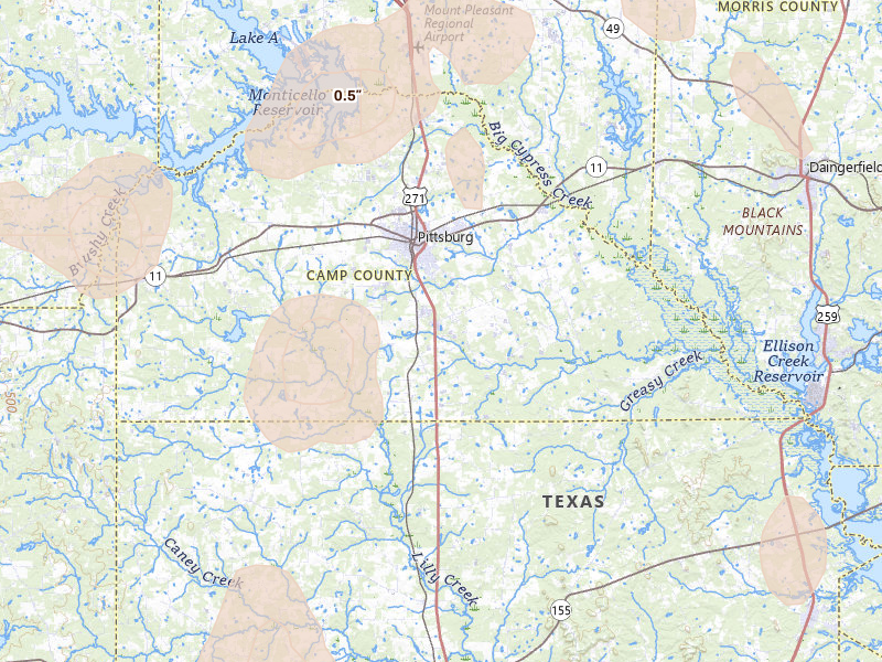 Radar-estimated hail-size map of the storm over Pittsburg, TX on May 22, 2026
