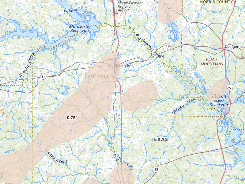 Radar-estimated hail-size map of the storm over Pittsburg, TX on Jun 2, 2026