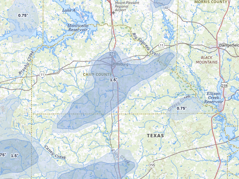 NEXRAD radar-signature map of the hail over Pittsburg, TX