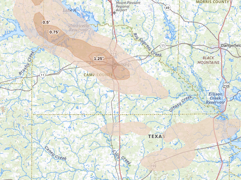 Radar-estimated hail-size map of the storm over Pittsburg, TX on Jun 23, 2026