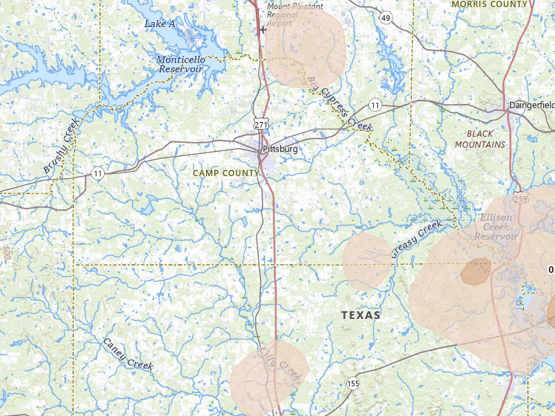 Radar-estimated hail-size map of the storm over Pittsburg, TX on Jul 6, 2026