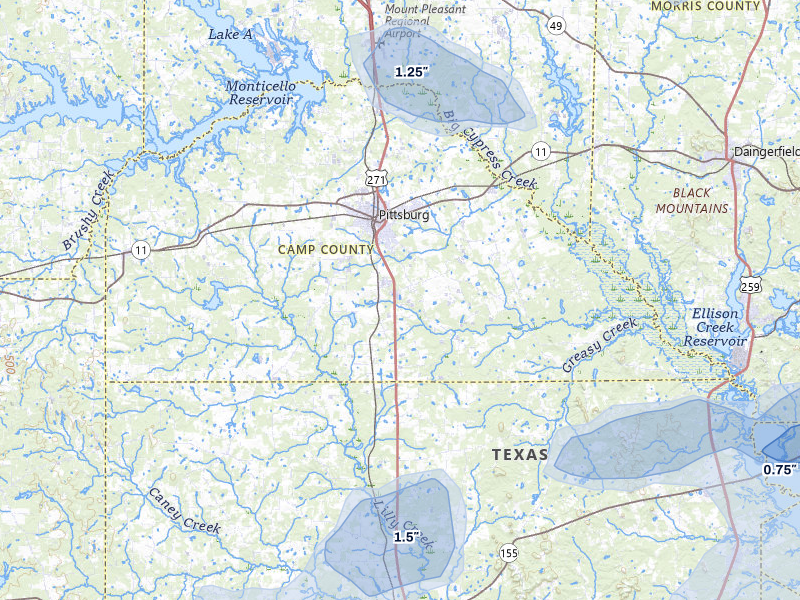 NEXRAD radar-signature map of the hail storm over Pittsburg, TX on Jul 6, 2026