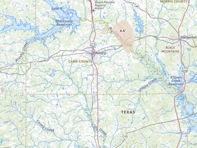 Radar-estimated hail-size map of the storm over Pittsburg, TX on Jul 7, 2026
