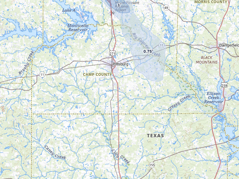 NEXRAD radar-signature map of the hail storm over Pittsburg, TX on Jul 7, 2026