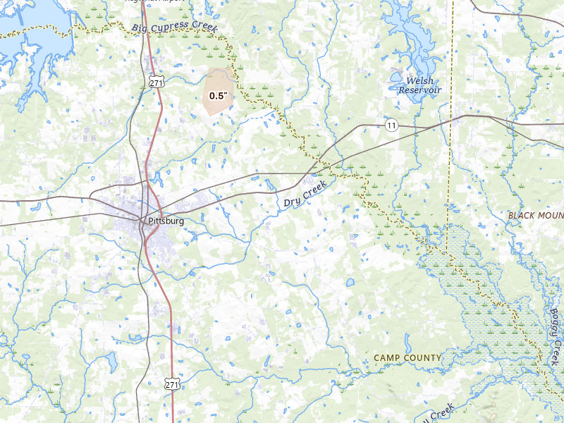 Radar-estimated hail-size map of the storm over Pittsburg, TX on Aug 7, 2026