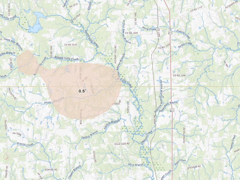 Radar-estimated hail-size map of the storm over Pittsburg, TX