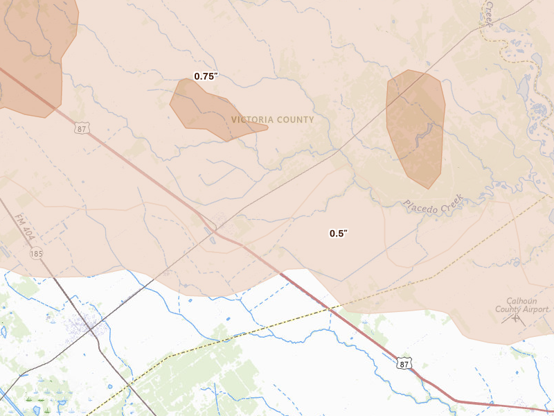 Radar-estimated hail-size map of the storm over Placedo, TX on May 1, 2026