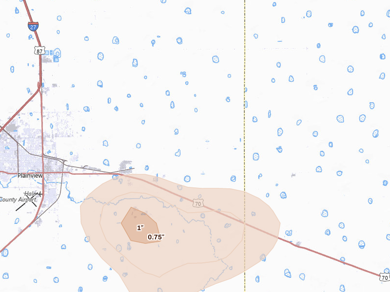 Radar-estimated hail-size map of the storm over Plainview, TX on May 22, 2026