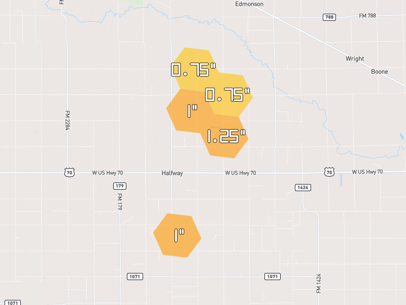 Hail map of Plainview, TX on Jun 5, 2026, hail up to 1.25"