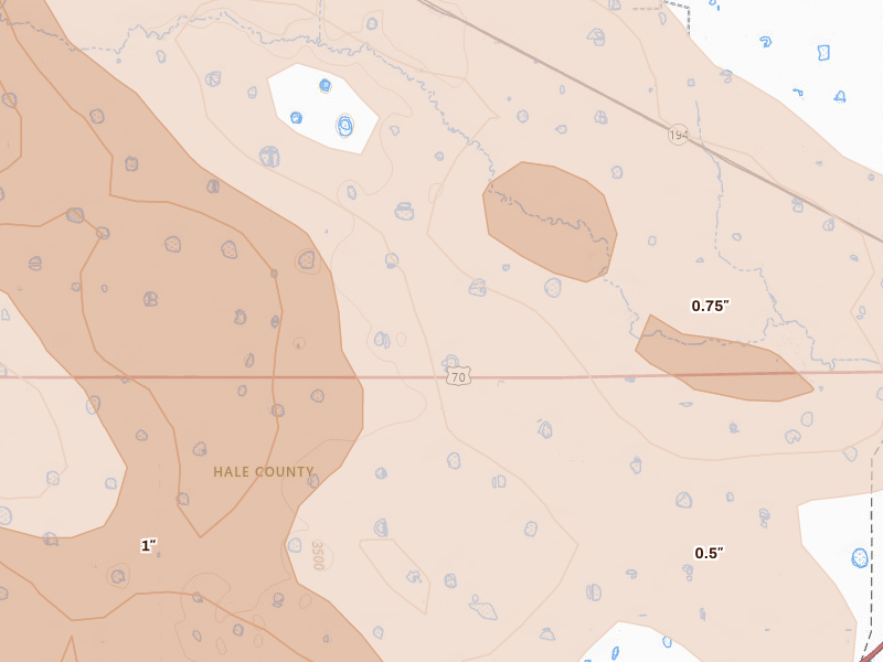 Radar-estimated hail-size map of the storm over Plainview, TX on Jun 23, 2026