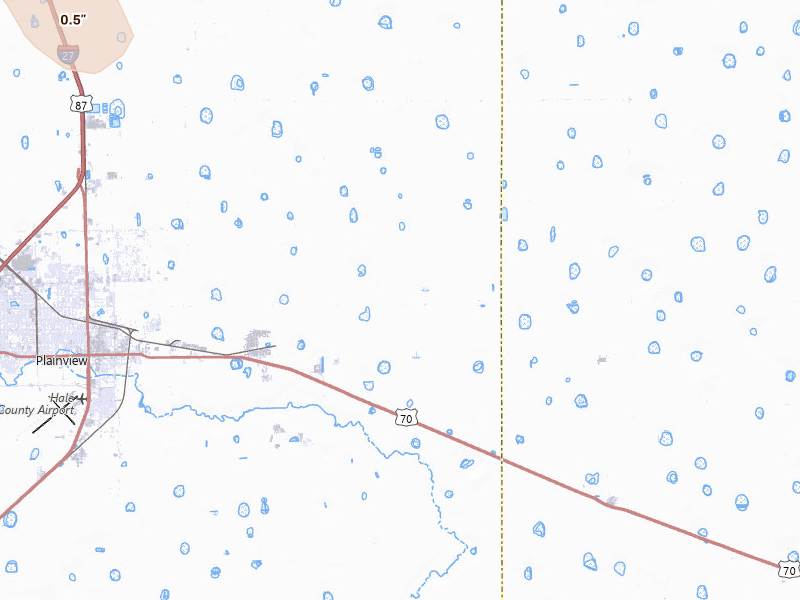 Radar-estimated hail-size map of the storm over Plainview, TX on Jul 12, 2026