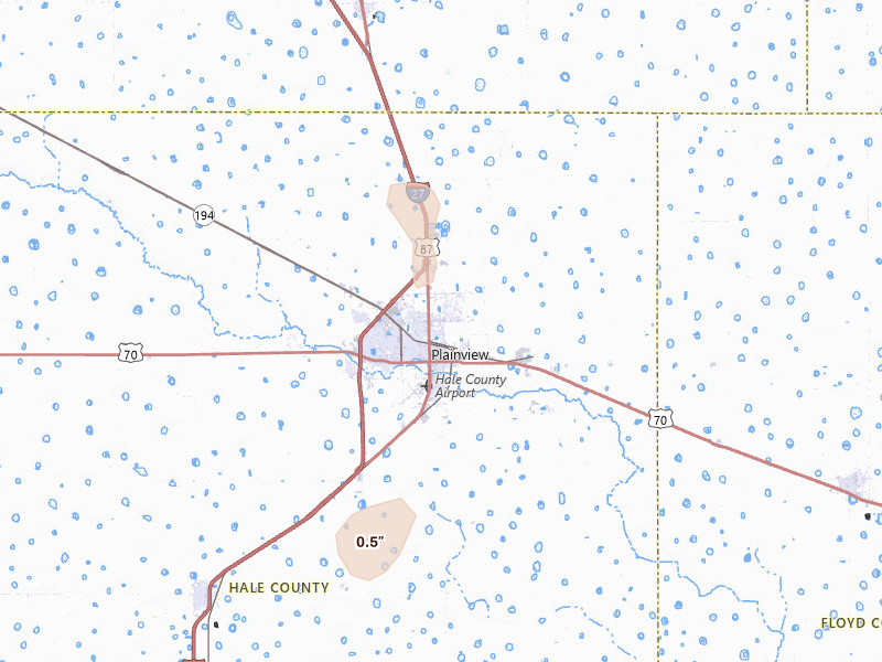 Radar-estimated hail-size map of the storm over Plainview, TX on Aug 13, 2026