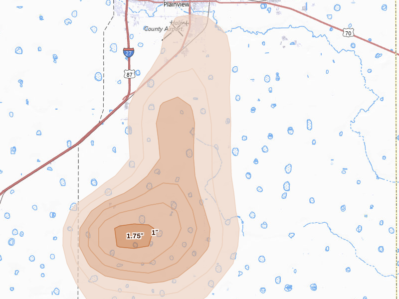 Radar-estimated hail-size map of the storm over Plainview, TX