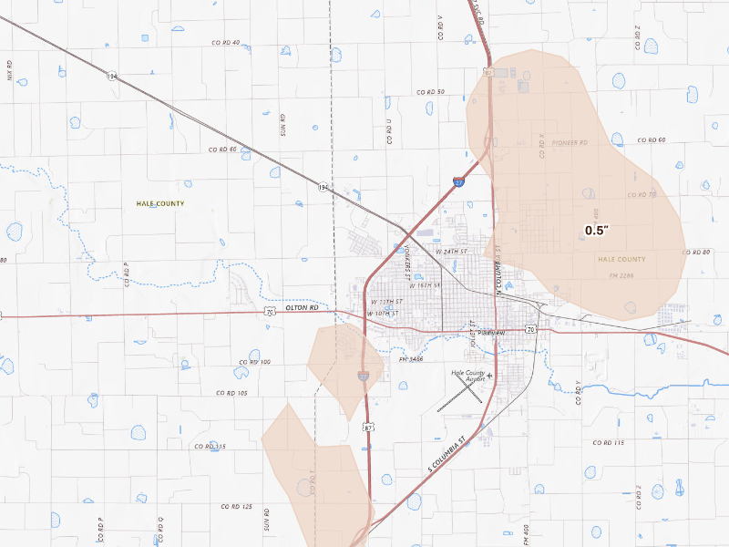Radar-estimated hail-size map of the storm over Plainview, TX