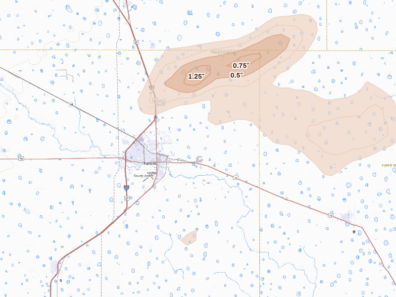 Radar-estimated hail-size map of the storm over Plainview, TX
