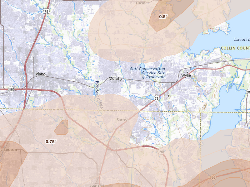 Radar-estimated hail-size map of the storm over Plano, TX on Apr 27, 2026