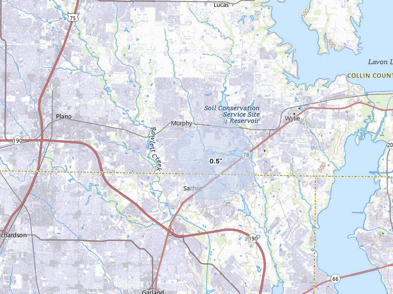 NEXRAD radar-signature map of the hail storm over Plano, TX on May 10, 2026
