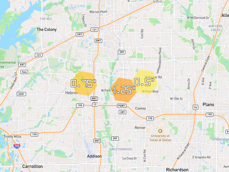 Hail map of Plano, TX on Jun 2, 2026, hail up to 1.25"