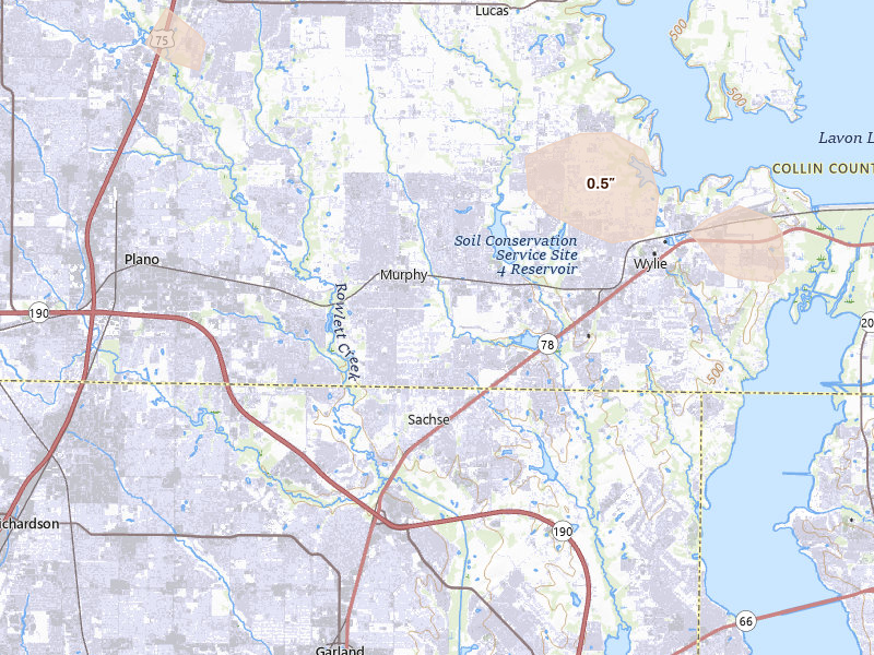 Radar-estimated hail-size map of the storm over Plano, TX on Jun 19, 2026