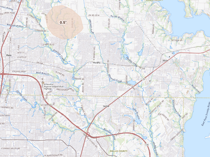 Radar-estimated hail-size map of the storm over Plano, TX