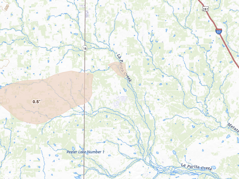 Radar-estimated hail-size map of the storm over Pleasanton, TX on Mar 8, 2026