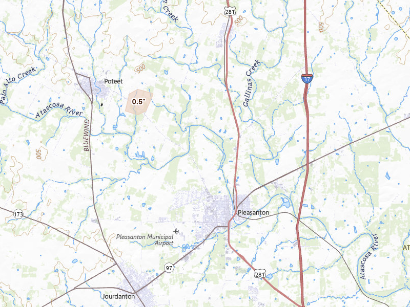 Radar-estimated hail-size map of the storm over Pleasanton, TX on May 10, 2026