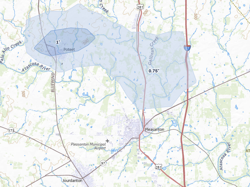 NEXRAD radar-signature map of the hail storm over Pleasanton, TX on May 10, 2026